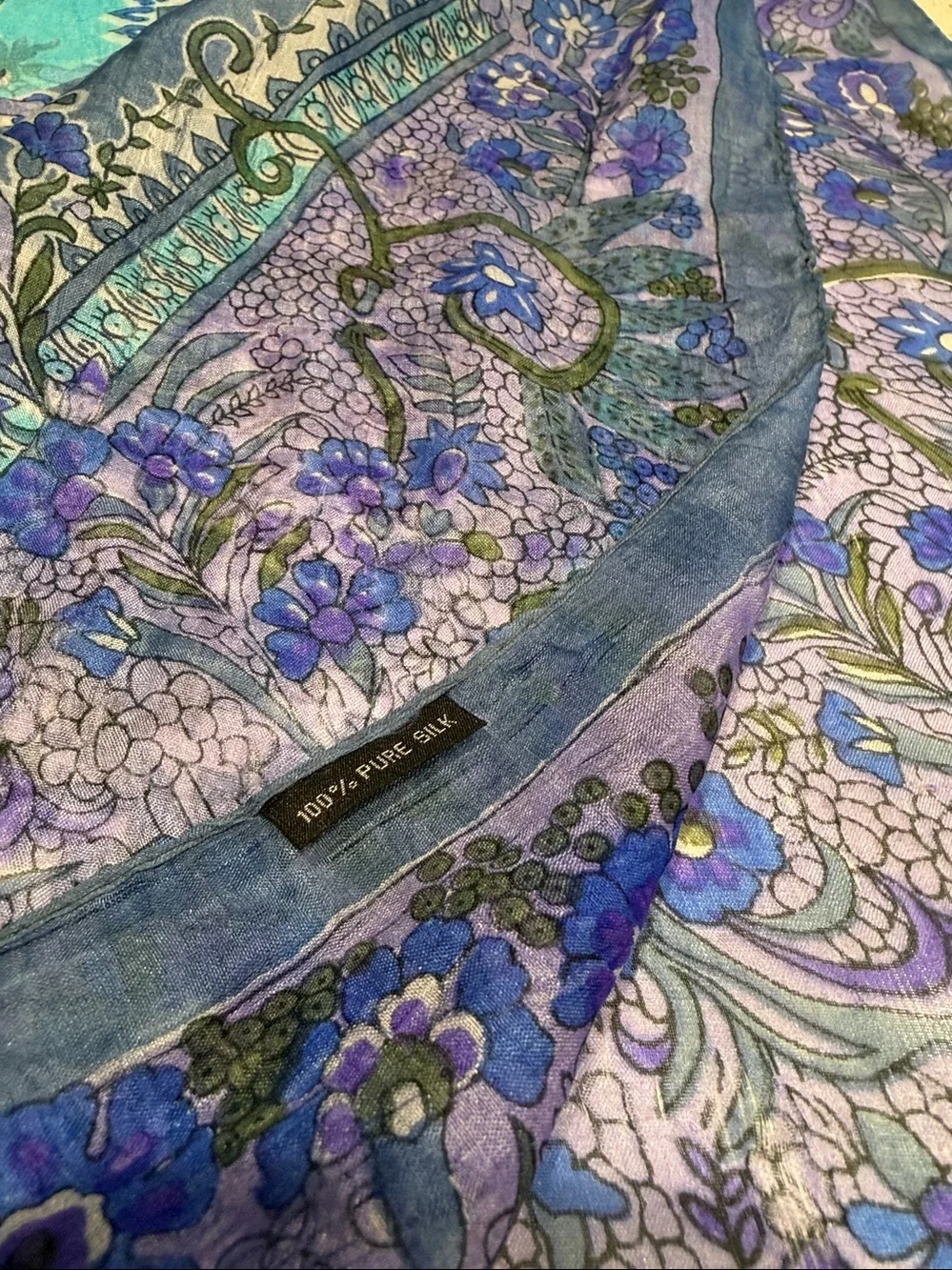 Blue & Teal Pure Silk Floral Paisley Scarf